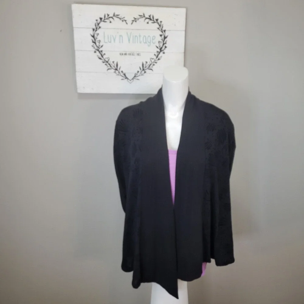 CAROL ROSE Black Textured Open Front Long Sleeve Cardigan‎ Womens
